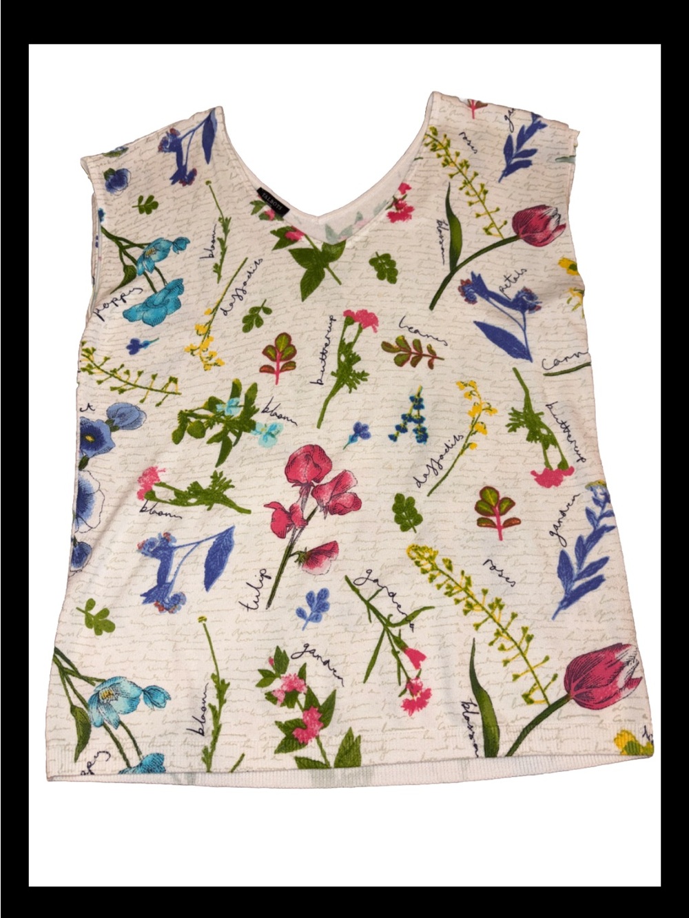 Talbots Floral V-Neck Sleeveless Knit Top in White Multicolor Print Size Med Pet